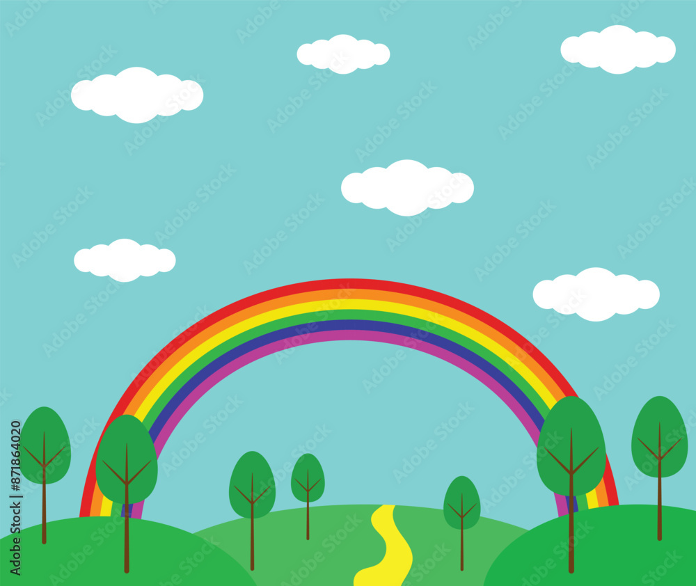 Obraz premium Rainbow Summer Forest Hillside Landscape Flat Style. Natural events and illustration for children concept vector art