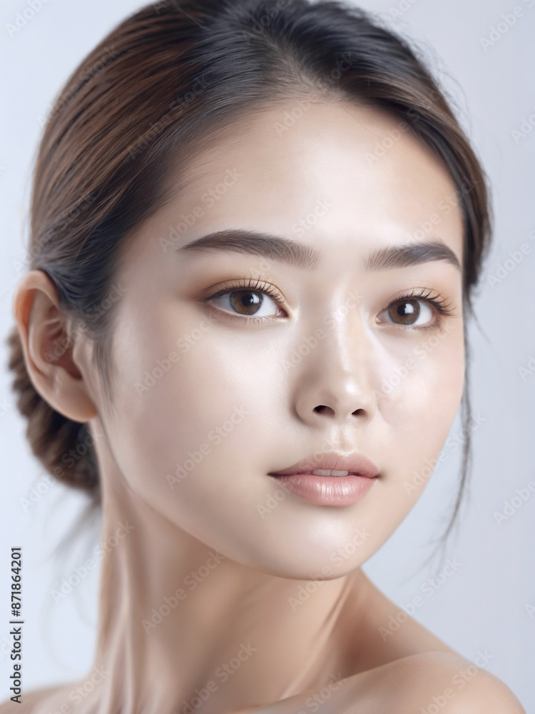 Fototapeta premium Asian Japanese girl beautiful eyes in white t-shirt with healthy skin super realistic white studio background.
