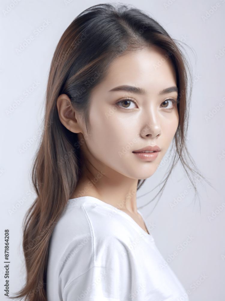 Asian Japanese girl beautiful eyes in white t-shirt with healthy skin super realistic white studio background. Asian Japanese girl beautiful eyes in white t-shirt with healthy skin super realistic white studio background.