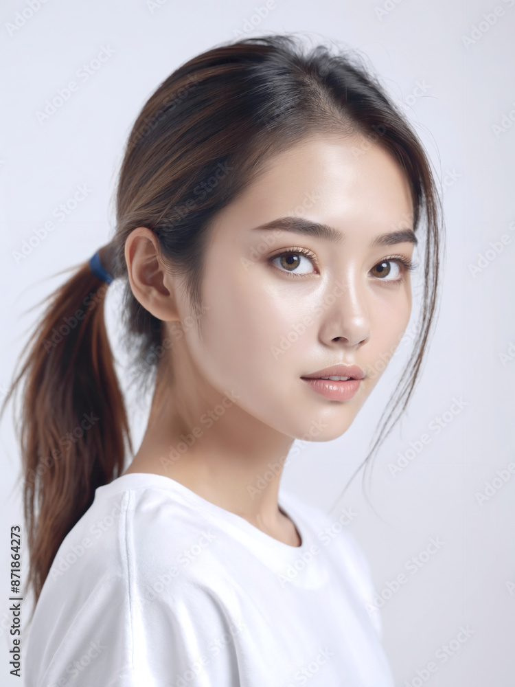 Asian Japanese girl beautiful eyes in white t-shirt with healthy skin super realistic white studio background. Asian Japanese girl beautiful eyes in white t-shirt with healthy skin super realistic white studio background.