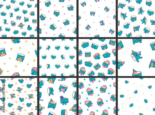 Cartoon kawaii drum character with sticks. Seamless pattern. Funny musical personage with drumsticks. Hand drawn style. Vector drawing. Collection of design ornaments.