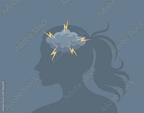 Female silhouette with storm cloud and lightning inside her head. Mental health concept. Flat vector illustration