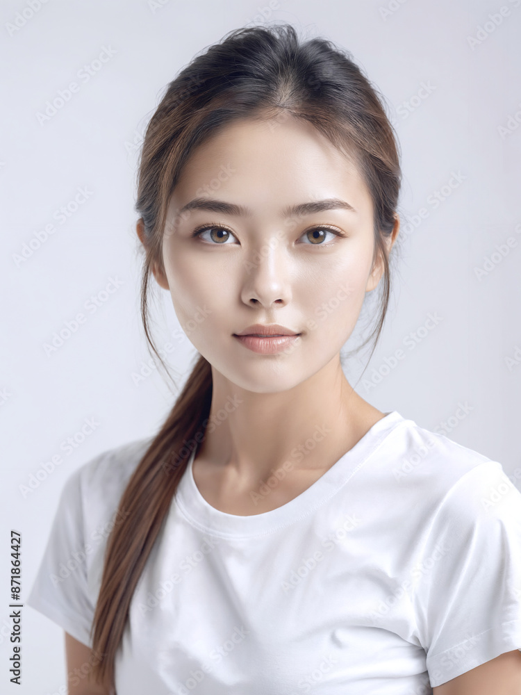 Asian Japanese girl beautiful eyes in white t-shirt with healthy skin super realistic white studio background. Asian Japanese girl beautiful eyes in white t-shirt with healthy skin super realistic white studio background.