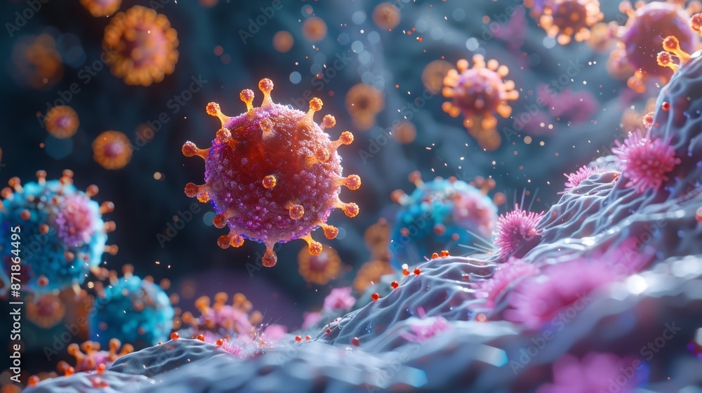 Naklejka premium A detailed microscopic examination of the virus, bacteria in the cellular environment.