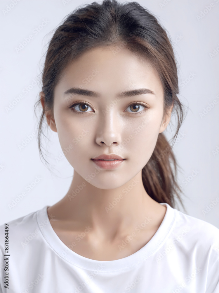 Asian Japanese girl beautiful eyes in white t-shirt with healthy skin super realistic white studio background. Asian Japanese girl beautiful eyes in white t-shirt with healthy skin super realistic white studio background.