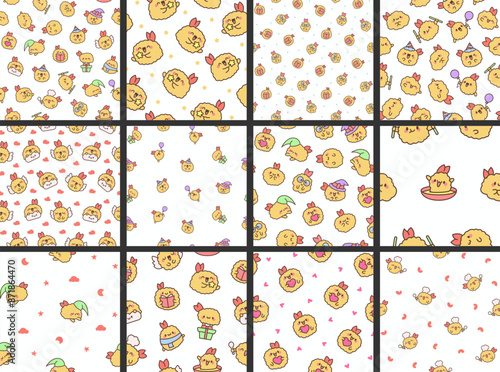 Cute happy kawaii tempura shrimp. Seamless pattern. Funny cartoon food character. Hand drawn style. Vector drawing. Collection of design ornaments.