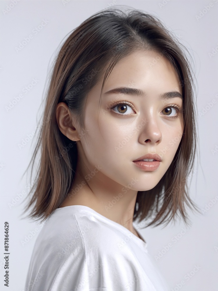 Asian Japanese girl beautiful eyes in white t-shirt with healthy skin super realistic white studio background. Asian Japanese girl beautiful eyes in white t-shirt with healthy skin super realistic white studio background.