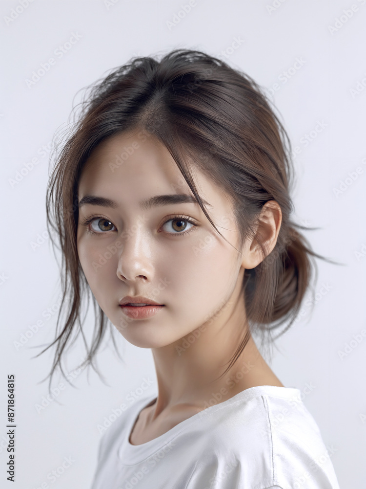 Asian Japanese girl beautiful eyes in white t-shirt with healthy skin super realistic white studio background. Asian Japanese girl beautiful eyes in white t-shirt with healthy skin super realistic white studio background.