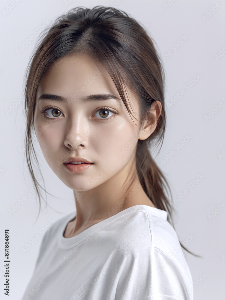 Asian Japanese girl beautiful eyes in white t-shirt with healthy skin super realistic white studio background. Asian Japanese girl beautiful eyes in white t-shirt with healthy skin super realistic white studio background.