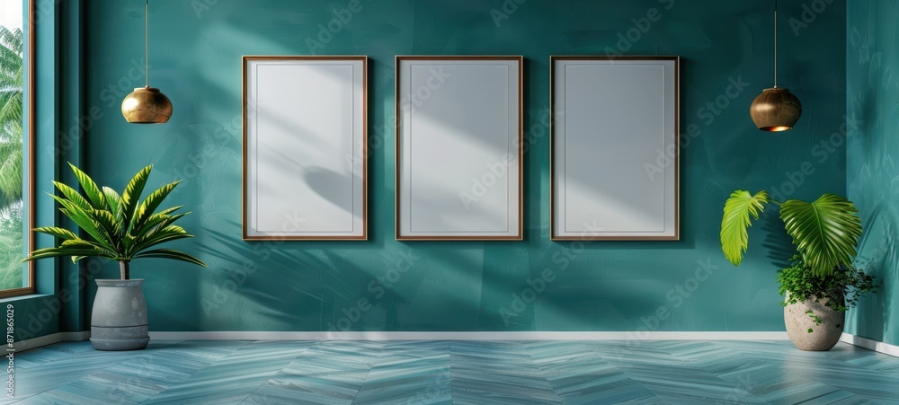Fototapeta premium Elegant blank picture frames with modern art on a deep teal wall