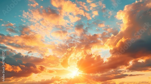 Fototapeta Naklejka Na Ścianę i Meble -  Golden evening sunset with sun behind clouds vast sky panorama