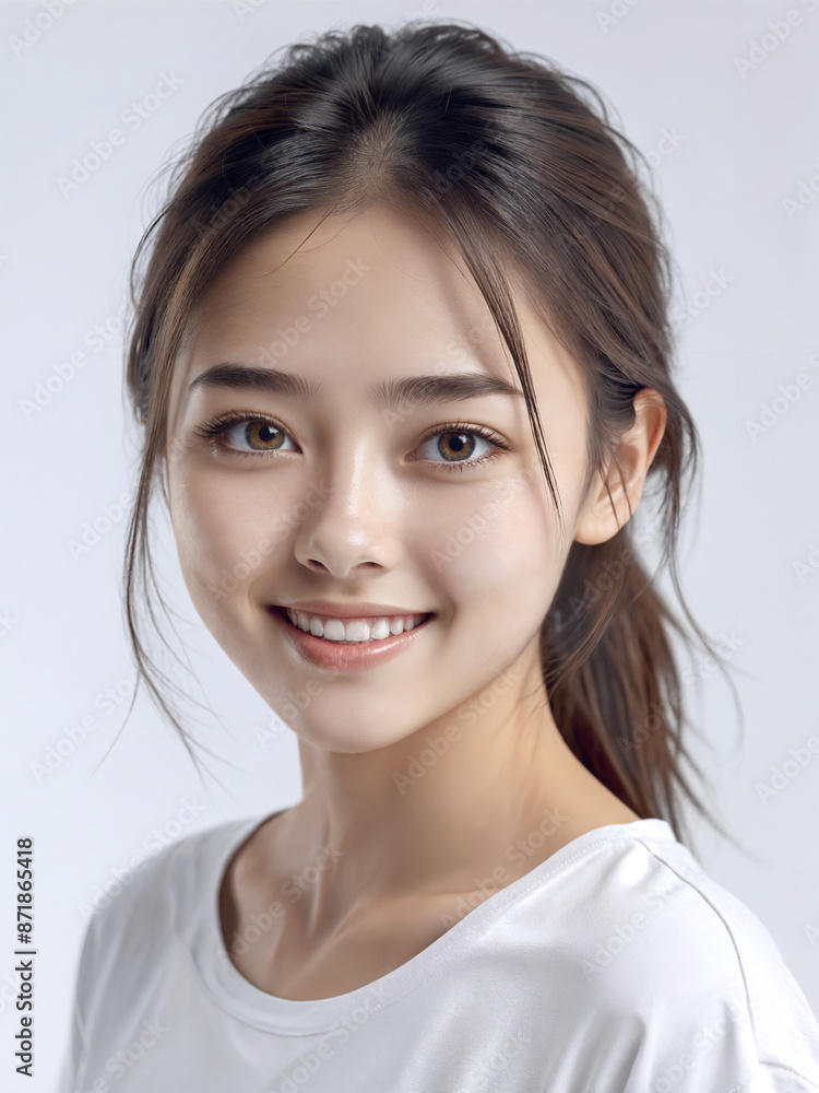 Asian Japanese girl beautiful eyes in white t-shirt with healthy skin super realistic white studio background. Asian Japanese girl beautiful eyes in white t-shirt with healthy skin super realistic white studio background.