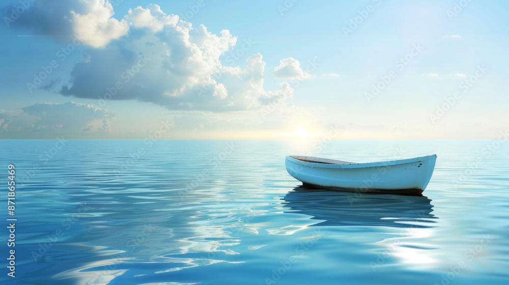 Tranquil Scene of a Lone Rowboat Floating on Calm Ocean Waters Under a Blue Sky with Puffy Clouds Tranquil Scene of a Lone Rowboat Floating on Calm Ocean Waters Under a Blue Sky with Puffy Clouds