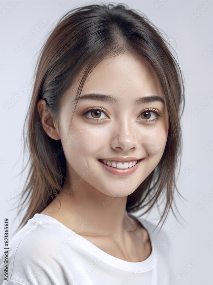 Asian Japanese girl beautiful eyes in white t-shirt with healthy skin super realistic white studio background. Asian Japanese girl beautiful eyes in white t-shirt with healthy skin super realistic white studio background.