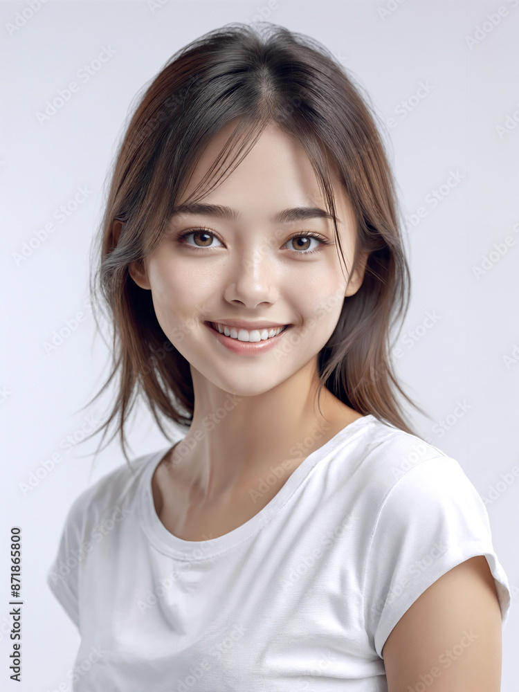 Asian Japanese girl beautiful eyes in white t-shirt with healthy skin super realistic white studio background. Asian Japanese girl beautiful eyes in white t-shirt with healthy skin super realistic white studio background.