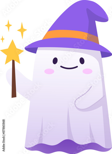 Halloween kawaii ghost character donning a charming witch hat and casting spell with a wand. Cute cartoon vector specter, exuding a delightful mix of spookiness and cuteness. Adorable spirit personage