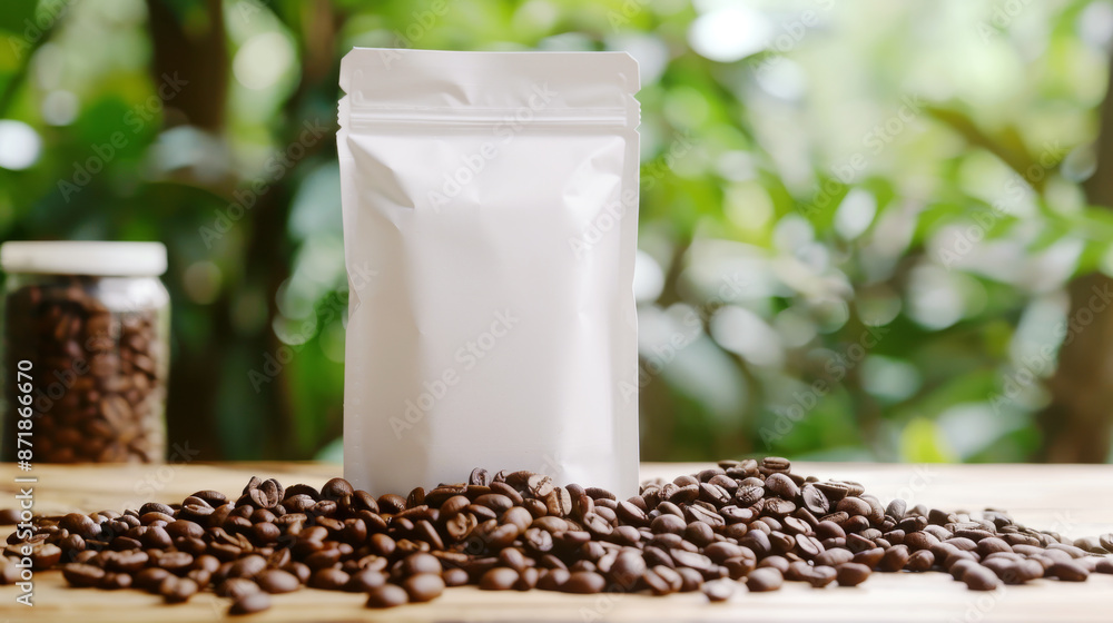White Coffee Bag with Fresh Coffee Beans on Wooden Table Against Green Nature Background White Coffee Bag with Fresh Coffee Beans on Wooden Table Against Green Nature Background