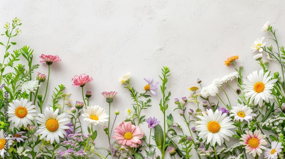 Fototapeta premium Floral background with daisies and other flowers Blank space