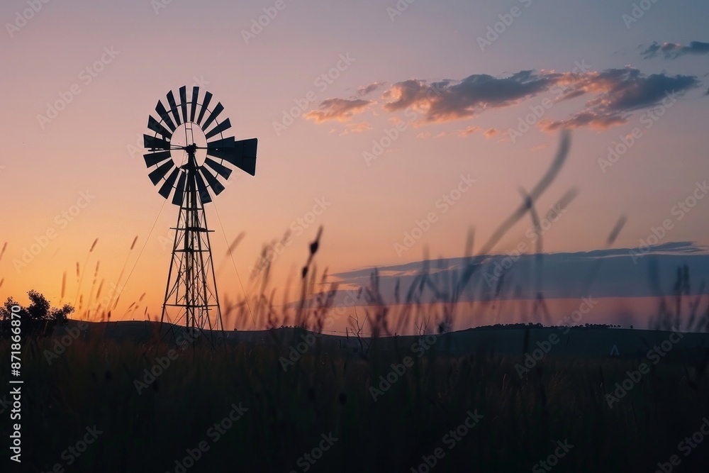 An old windmill silhouetted against a sunset sky, with a softly blurred background of fields and distant hills. An old windmill silhouetted against a sunset sky, with a softly blurred background of fields and distant hills.