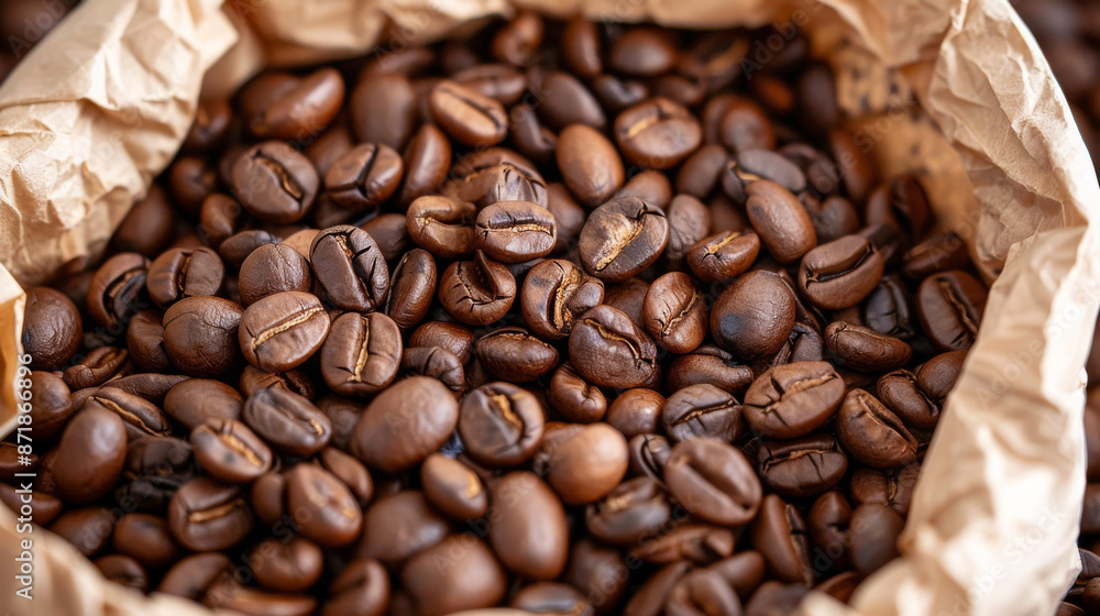 Close-up of Freshly Roasted Coffee Beans in a Brown Paper Bag, Perfect for Cafes and Coffee Enthusiasts Close-up of Freshly Roasted Coffee Beans in a Brown Paper Bag, Perfect for Cafes and Coffee Enthusiasts