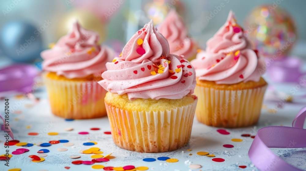 vanilla cupcakes with strawberry swirl icing lined up for a party among ribbon bows and confetti vanilla cupcakes with strawberry swirl icing lined up for a party among ribbon bows and confetti