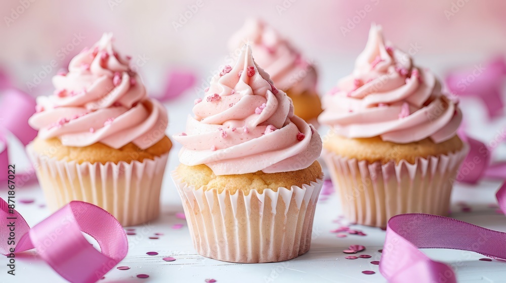 vanilla cupcakes with strawberry swirl icing lined up for a party among ribbon bows and confetti vanilla cupcakes with strawberry swirl icing lined up for a party among ribbon bows and confetti
