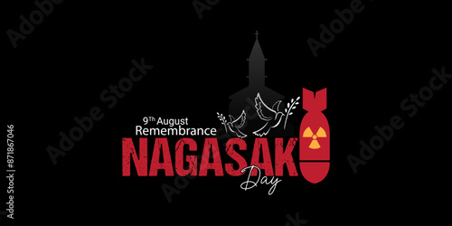 Nagasaki, Japan - August 04 - 2022: Nagasaki Day Poster, Illustration of atomic bomb explosions in Hiroshima and Nagasaki and silhouettes of people. Hiroshima Nagasaki Day for nuclear bomb world war