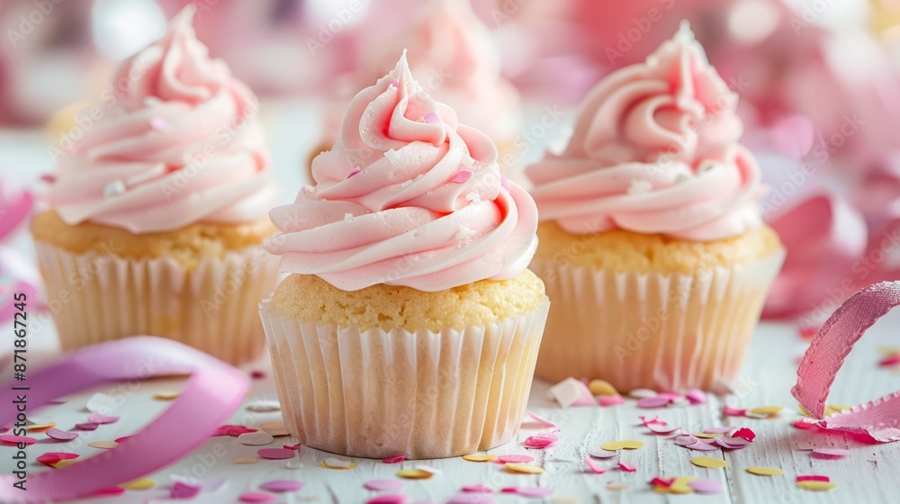 vanilla cupcakes with strawberry swirl icing lined up for a party among ribbon bows and confetti vanilla cupcakes with strawberry swirl icing lined up for a party among ribbon bows and confetti