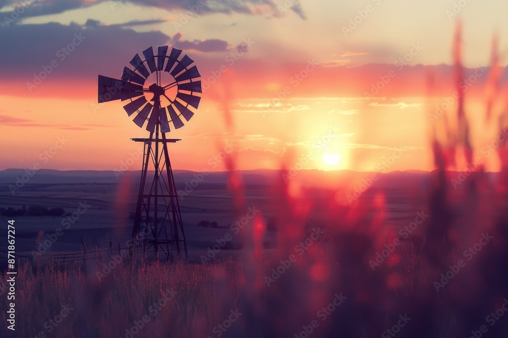 An old windmill silhouetted against a sunset sky, with a softly blurred background of fields and distant hills. An old windmill silhouetted against a sunset sky, with a softly blurred background of fields and distant hills.