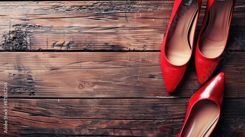 High heels on wooden surface with space for text photo