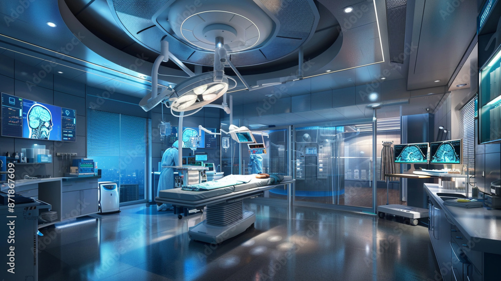 Showcase a high-tech hospital operating room with advanced surgical equipment Showcase a high-tech hospital operating room with advanced surgical equipment