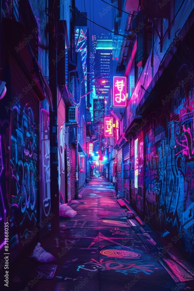 An urban alleyway covered in neon graffiti, with vibrant, street art. An urban alleyway covered in neon graffiti, with vibrant, street art.