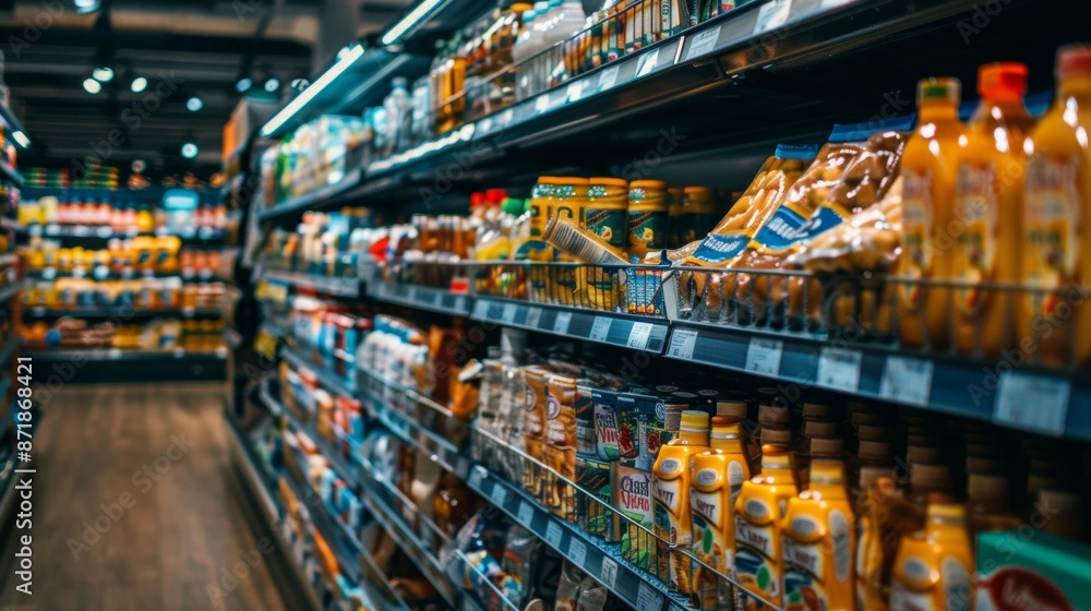 Fototapeta premium Aisle in a supermarket with various products on shelves