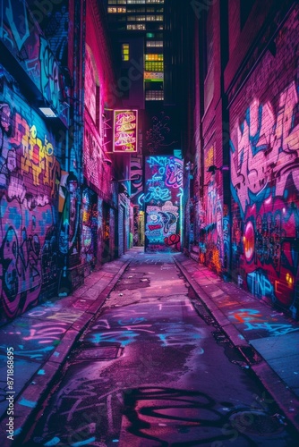 An urban alleyway covered in neon graffiti, with vibrant, street art. 