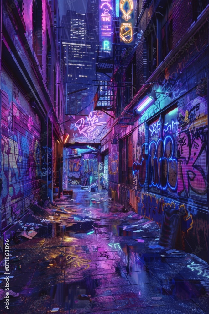 An urban alleyway covered in neon graffiti, with vibrant, street art. An urban alleyway covered in neon graffiti, with vibrant, street art.