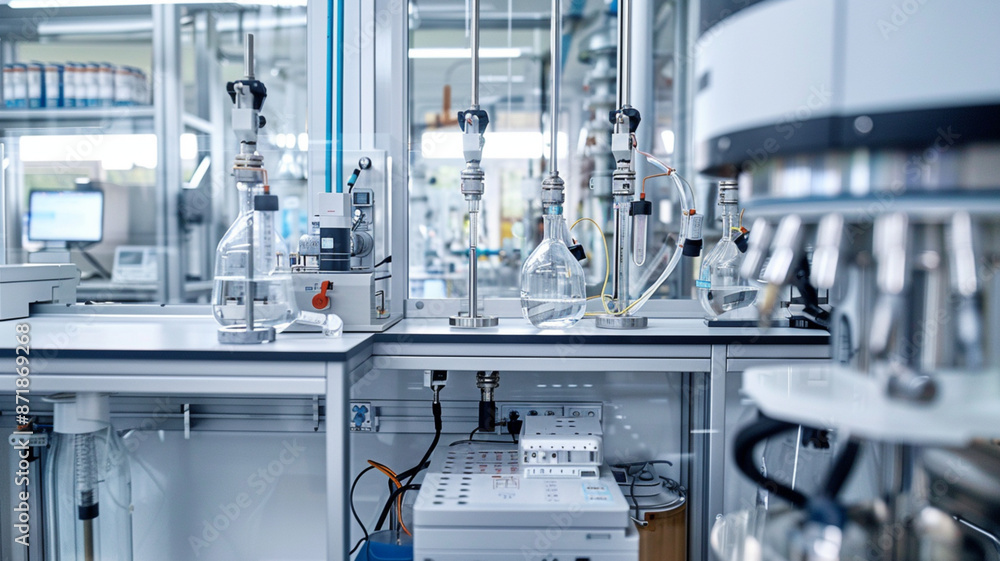 Showcase a modern chemical engineering research lab with reaction testing equipment Showcase a modern chemical engineering research lab with reaction testing equipment