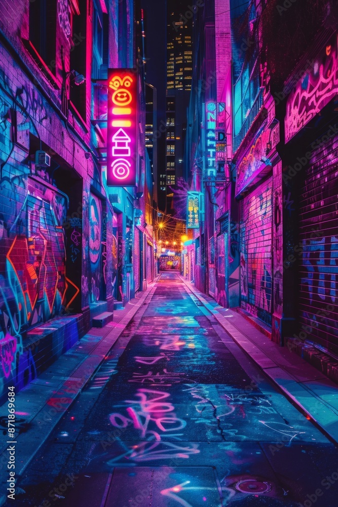 An urban alleyway covered in neon graffiti, with vibrant, street art. An urban alleyway covered in neon graffiti, with vibrant, street art.