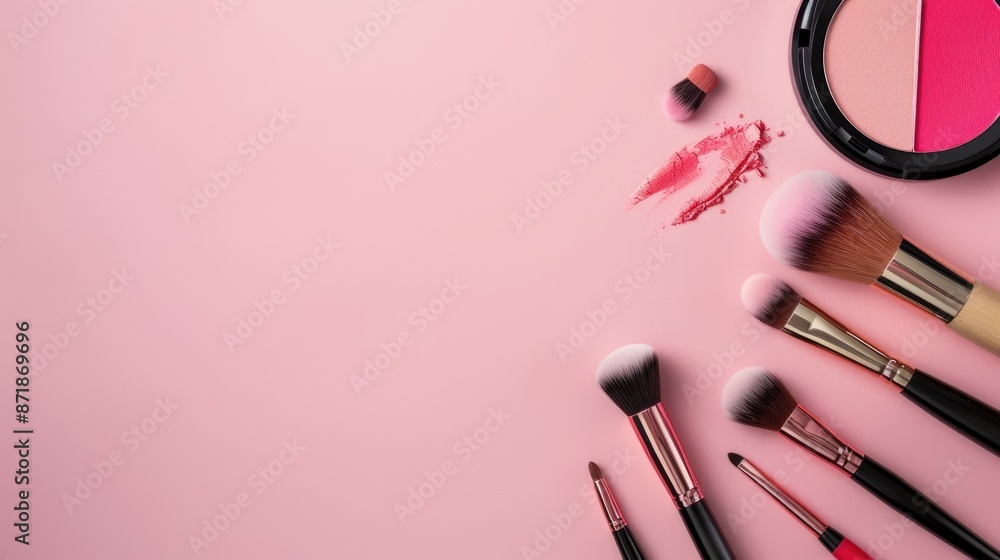 Cosmetics and brushes on pink background seen from above with empty space for text Cosmetics and brushes on pink background seen from above with empty space for text