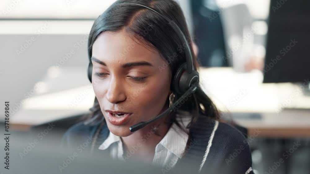 Face, Indian woman and computer at call center with chat for customer support and service. Office, crm and employee or consultant in conversation, telemarketing and communication at help desk Face, Indian woman and computer at call center with chat for customer support and service. Office, crm and employee or consultant in conversation, telemarketing and communication at help desk