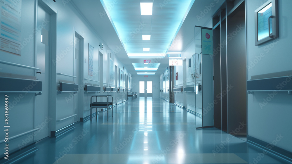 Showcase a modern hospital corridor with clear signage and bright lighting Showcase a modern hospital corridor with clear signage and bright lighting
