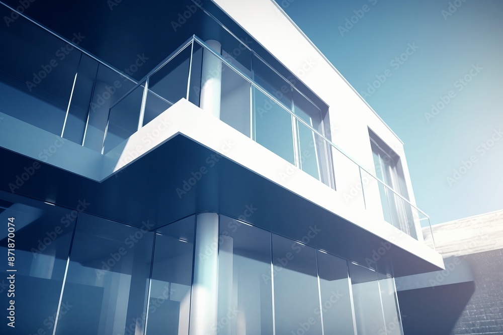 Close-up view of a modern house with sleek glass windows and minimalist architecture, featuring clean lines and a bright, airy feel under a clear blue sky