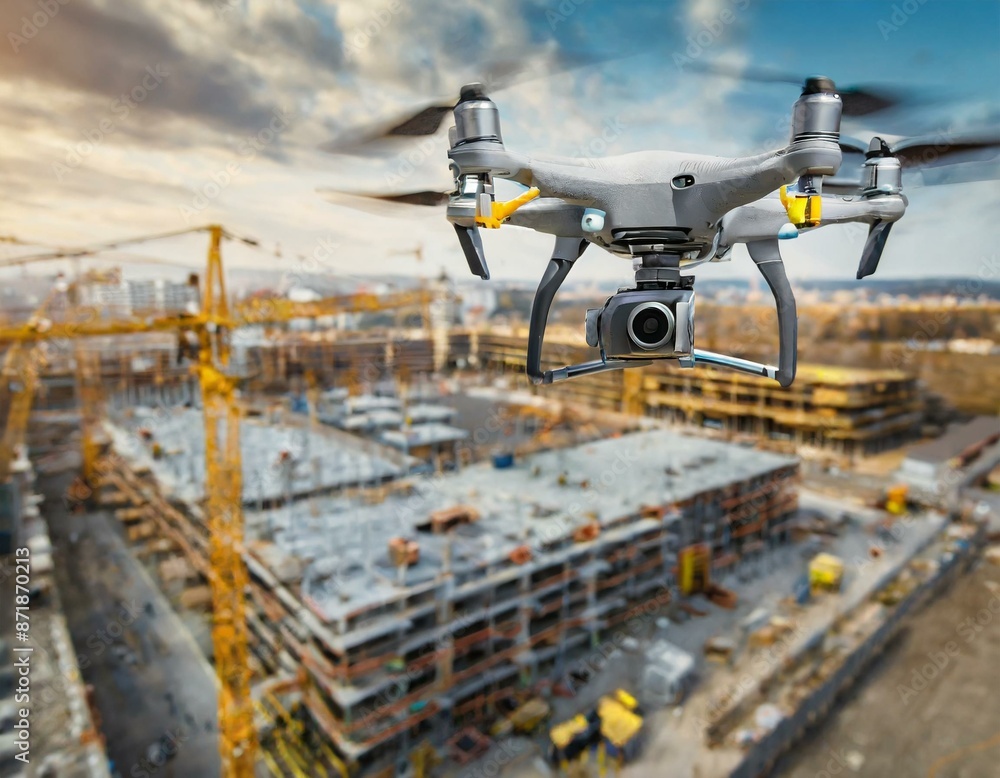 Fototapeta premium Drone over construction site. video surveillance or industrial inspection