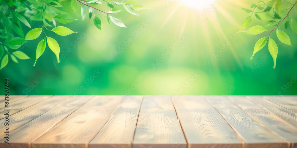 The surface of a wooden table for advertising products against a background of blurred green forest The surface of a wooden table for advertising products against a background of blurred green forest