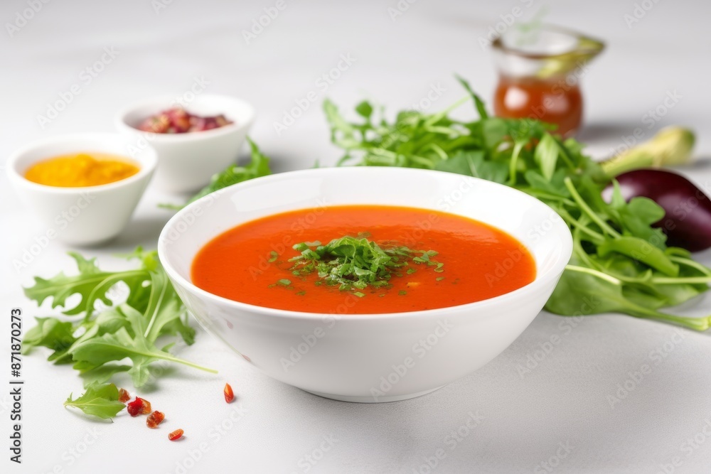 A vibrant bowl of gazpacho, a traditional Spanish cold tomato soup, garnished with fresh herbs. Surrounding the bowl are fresh rocket leaves and additional ingredients like spices, emphasizing fresh A vibrant bowl of gazpacho, a traditional Spanish cold tomato soup, garnished with fresh herbs. Surrounding the bowl are fresh rocket leaves and additional ingredients like spices, emphasizing fresh