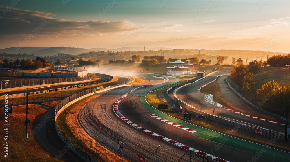 Fototapeta premium Hungary's main Formula 1 race course, Hungaroring, is situated in Mogyorod. The track looks particularly stunning in the soft lighting of an autumn morning.