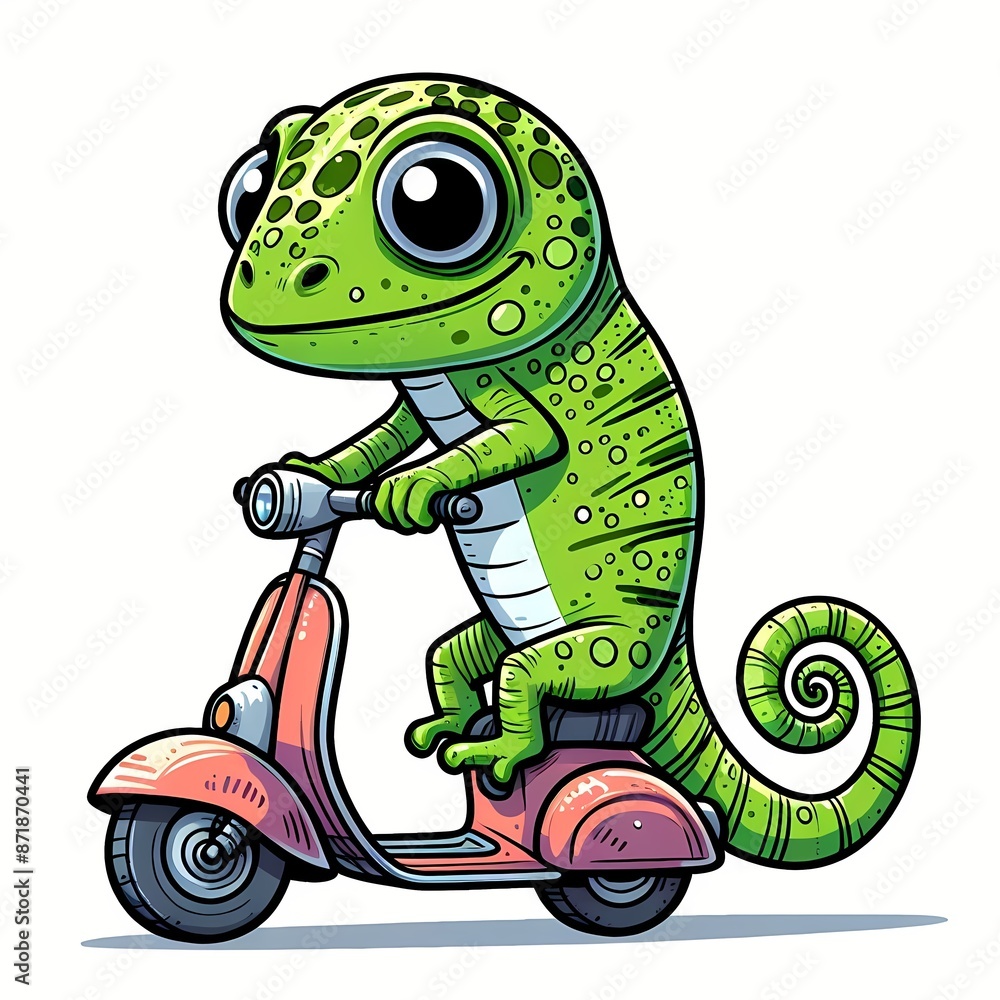 Obraz premium Cute chameleon Riding Scooter Cartoon Vector Illustration