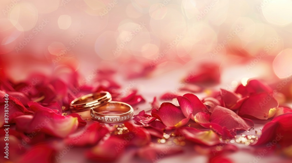 Romantic wedding proposal with gold rings and rose petals on soft background