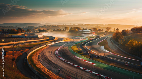 Hungary's main Formula 1 race course, Hungaroring, is situated in Mogyorod. The track looks particularly stunning in the soft lighting of an autumn morning.