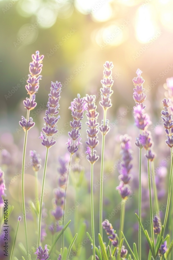 Fototapeta premium Lavender blooms swaying in a field, with a softly blurred background of a sunlit meadow.