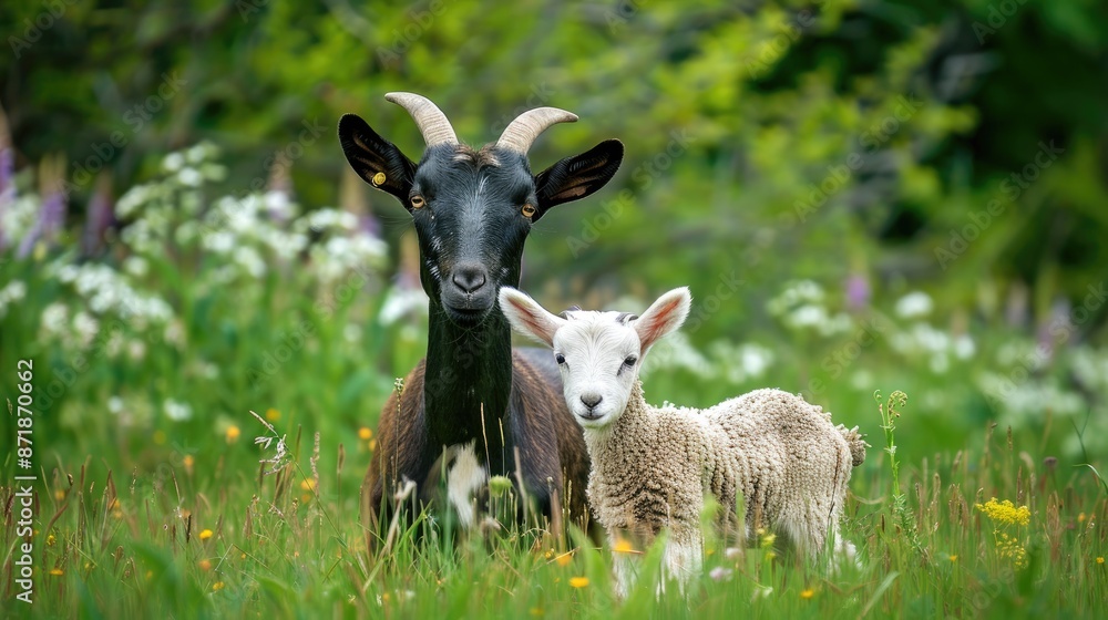 Fototapeta premium Goat and lamb grazing in green meadow focusing on goat milk and livestock farming